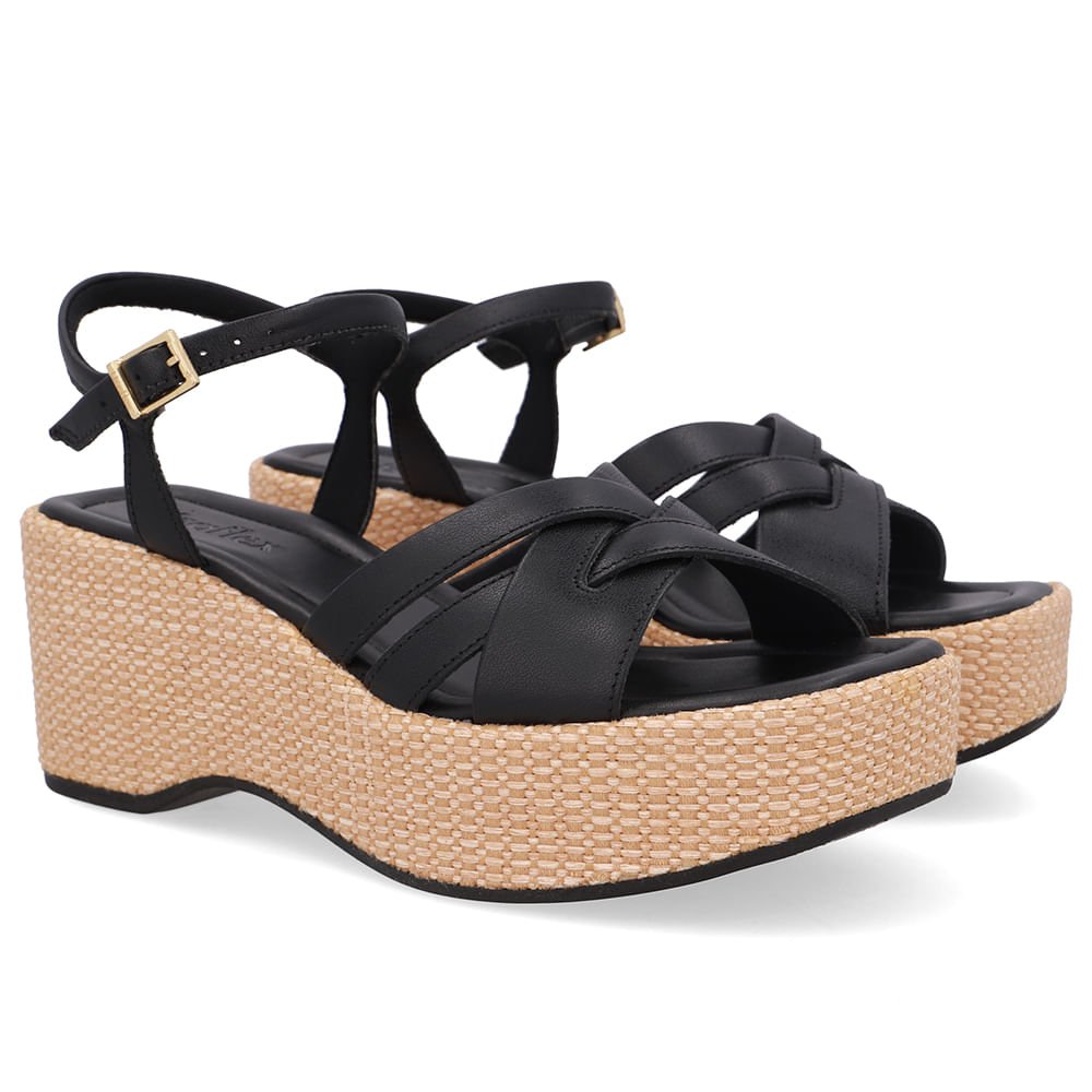 Sandália Plataforma Palha Couro Preta Preto 2