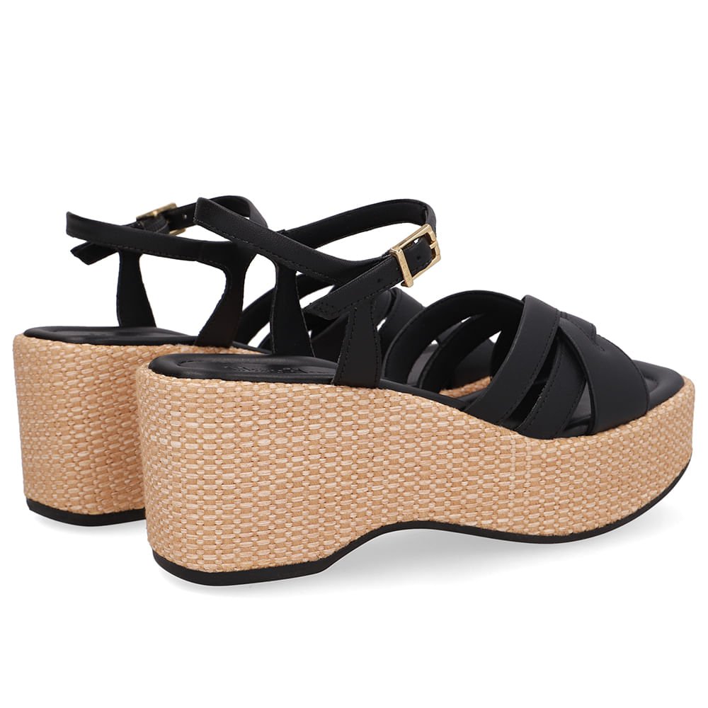 Sandália Plataforma Palha Couro Preta Preto 3