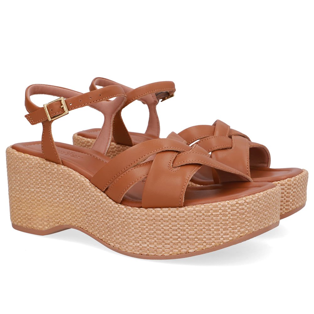 Sandália Plataforma Palha Couro Marrom Marrom 2