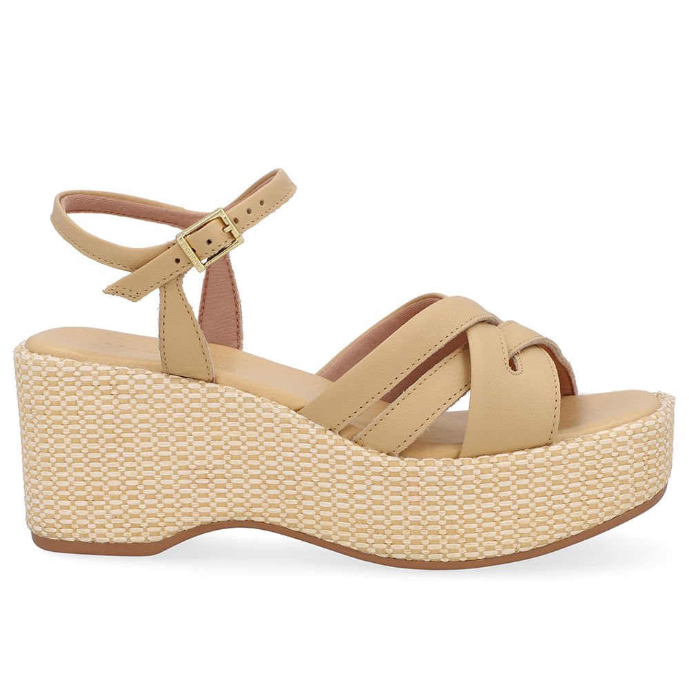 Sandália Plataforma Palha Couro Bege