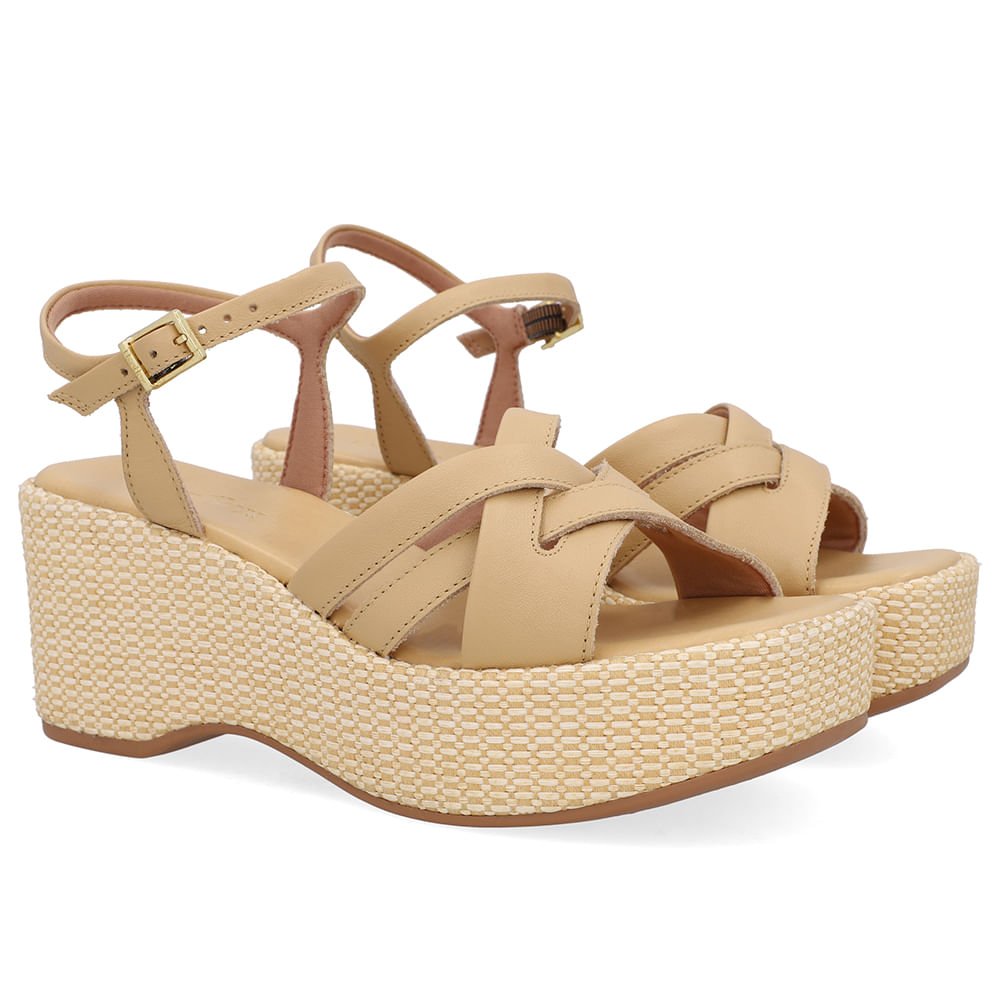 Sandália Plataforma Palha Couro Bege Bege 2