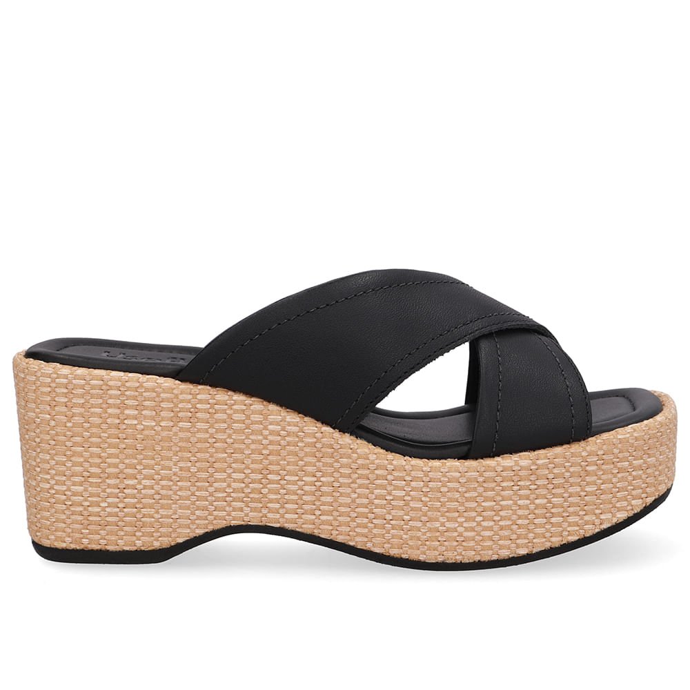 Tamanco Plataforma Palha Couro Preto