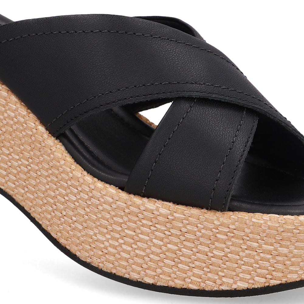 Tamanco Plataforma Palha Couro Preto Preto 4