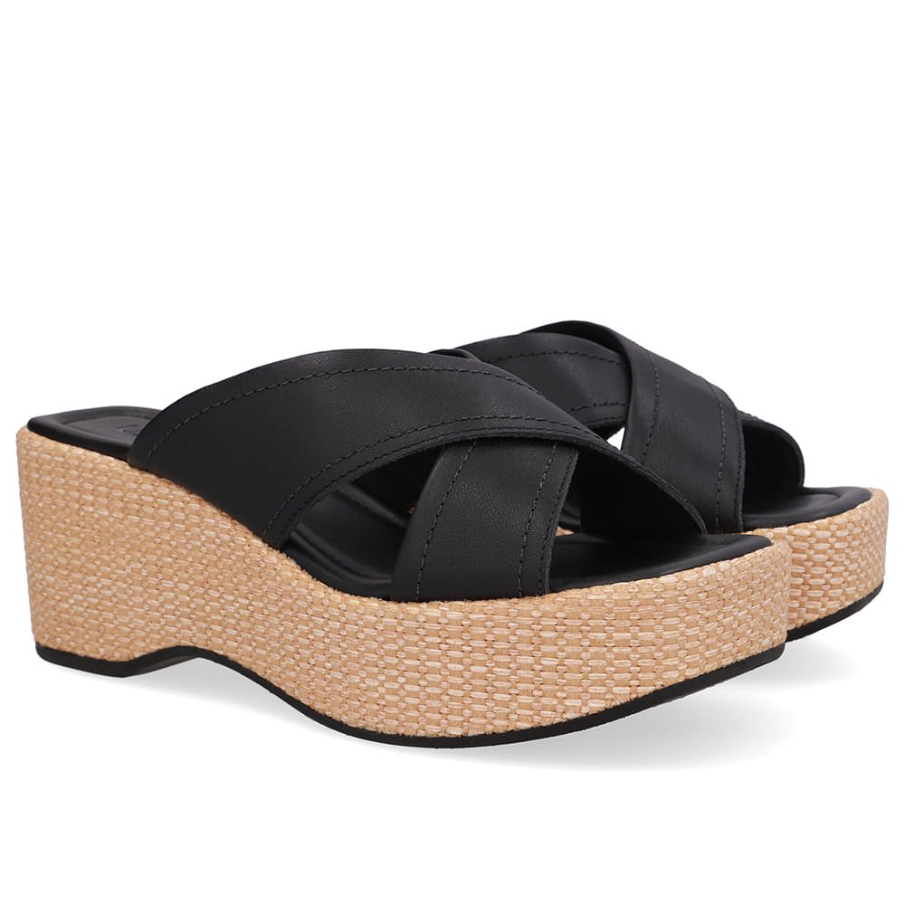 Tamanco Plataforma Palha Couro Preto Preto 2