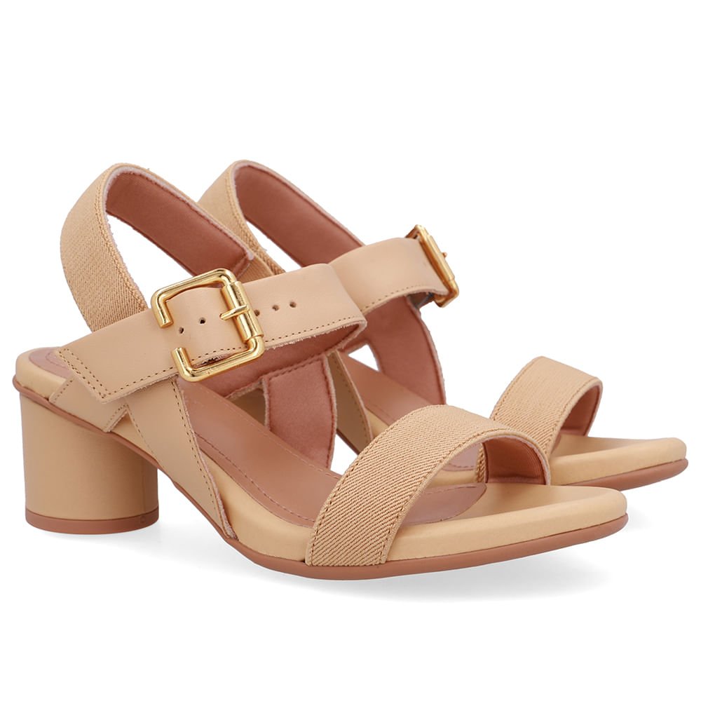 Sandália Salto Bloco Redondo Couro Bege Bege 2