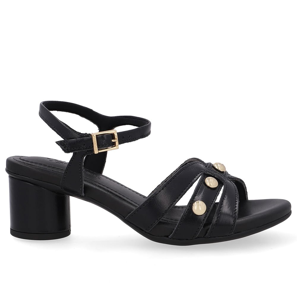 Sandália Salto Bloco Redondo Couro Preta Esferas