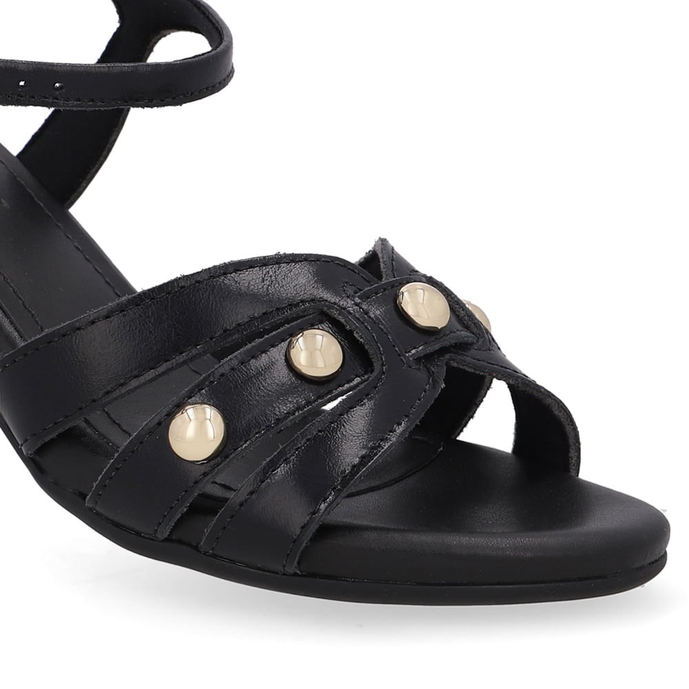 Sandália Salto Bloco Redondo Couro Preta Esferas Preto 4