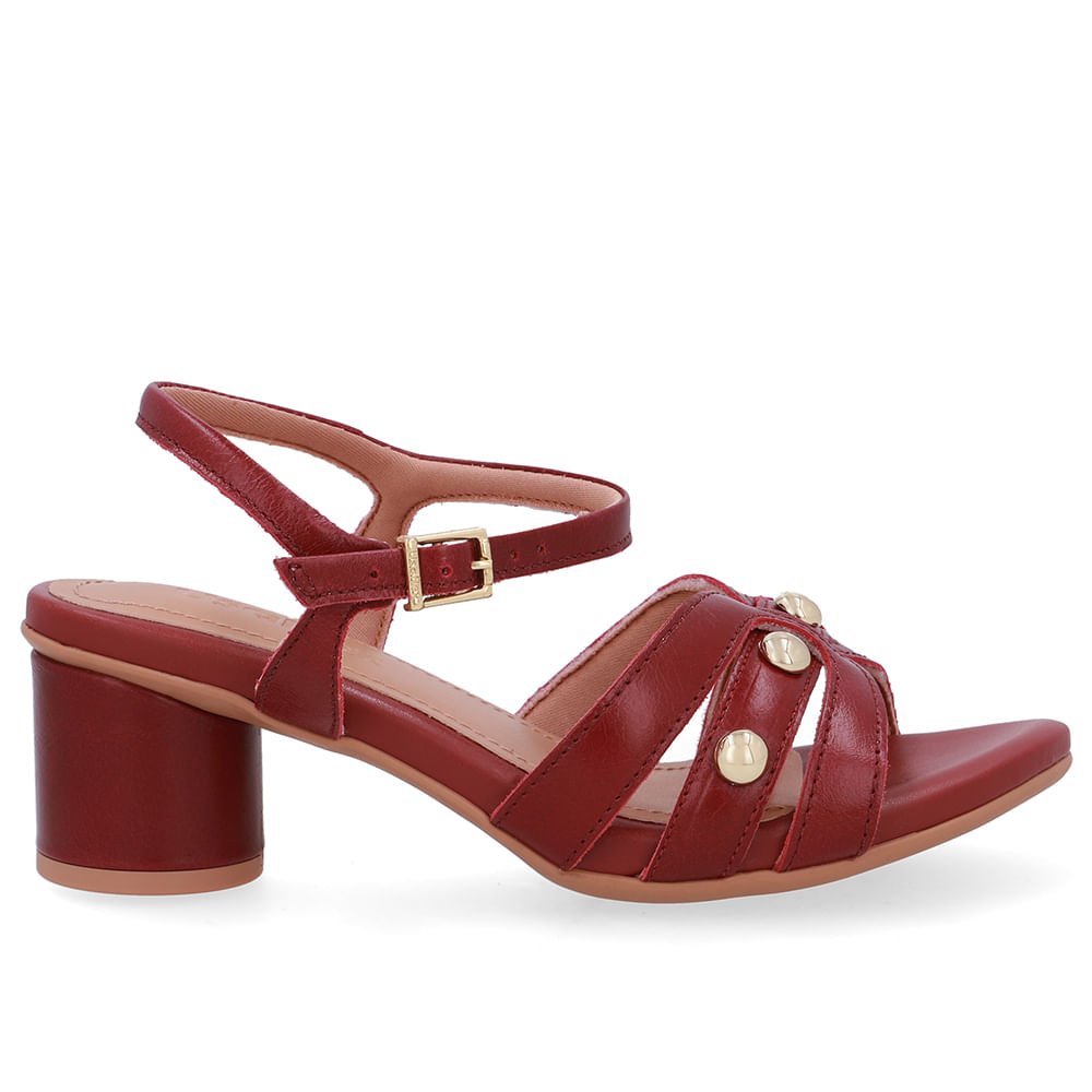 Sandália Salto Bloco Redondo Couro Vermelha Esferas