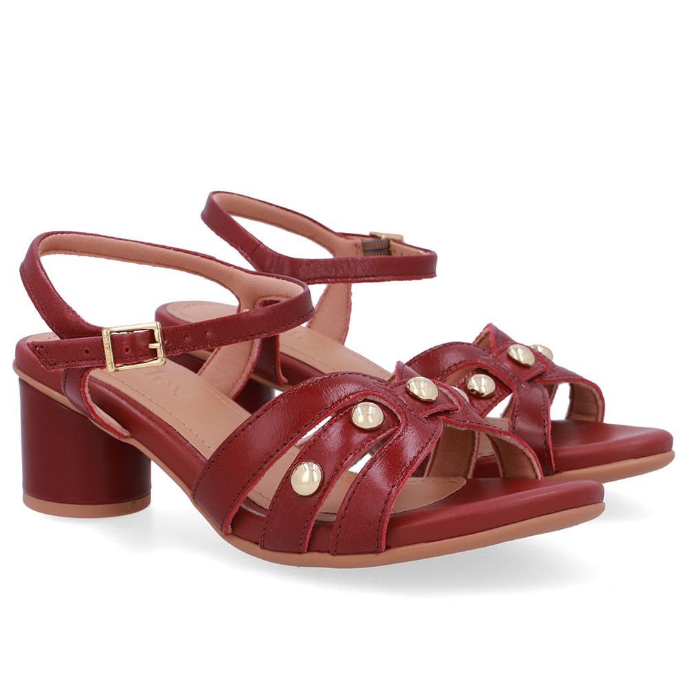 Sandália Salto Bloco Redondo Couro Vermelha Esferas Vermelho 2