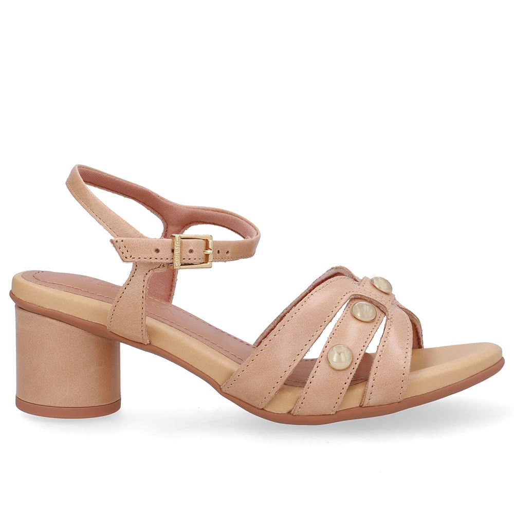 Sandália Salto Bloco Redondo Couro Bege Esferas