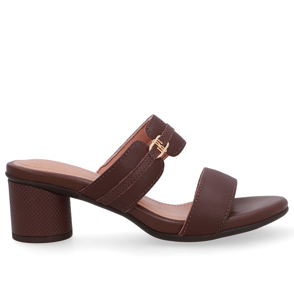 Tamanco Salto Bloco Redondo Couro Marrom