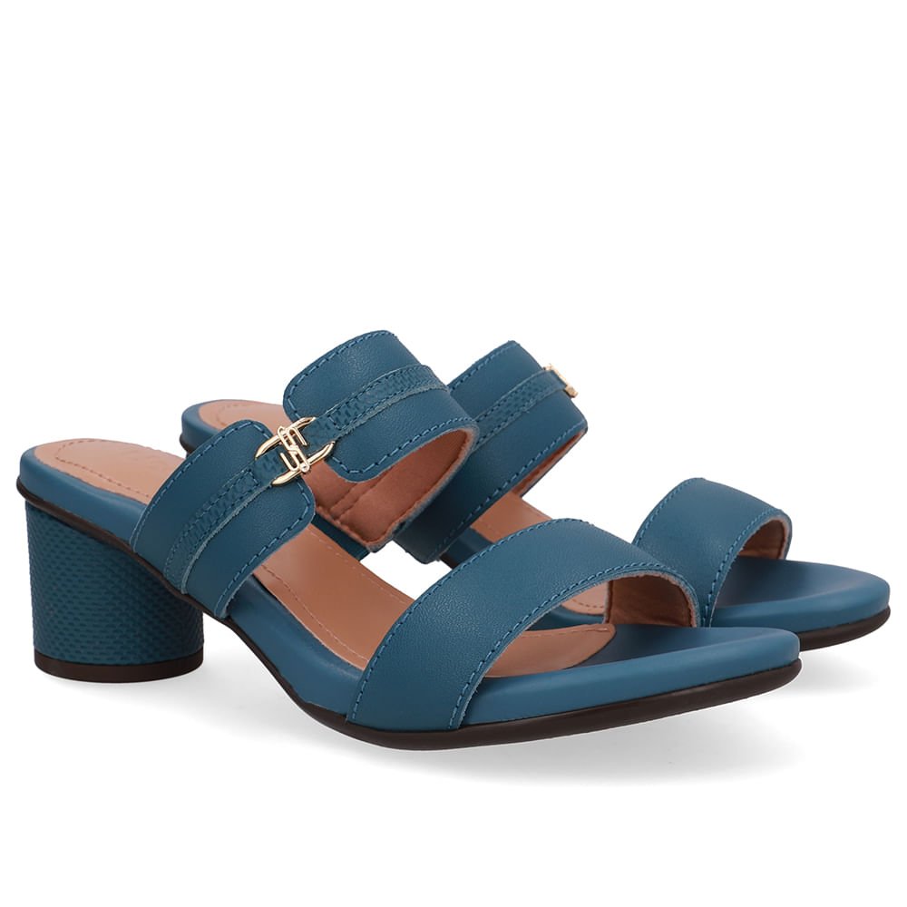 Tamanco Salto Bloco Redondo Couro Azul Azul 2