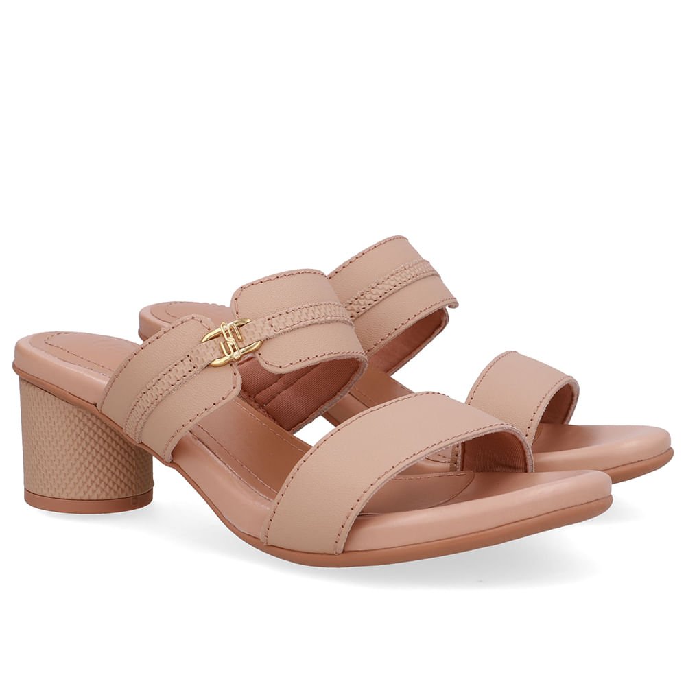 Tamanco Salto Bloco Redondo Couro Bege Bege 2