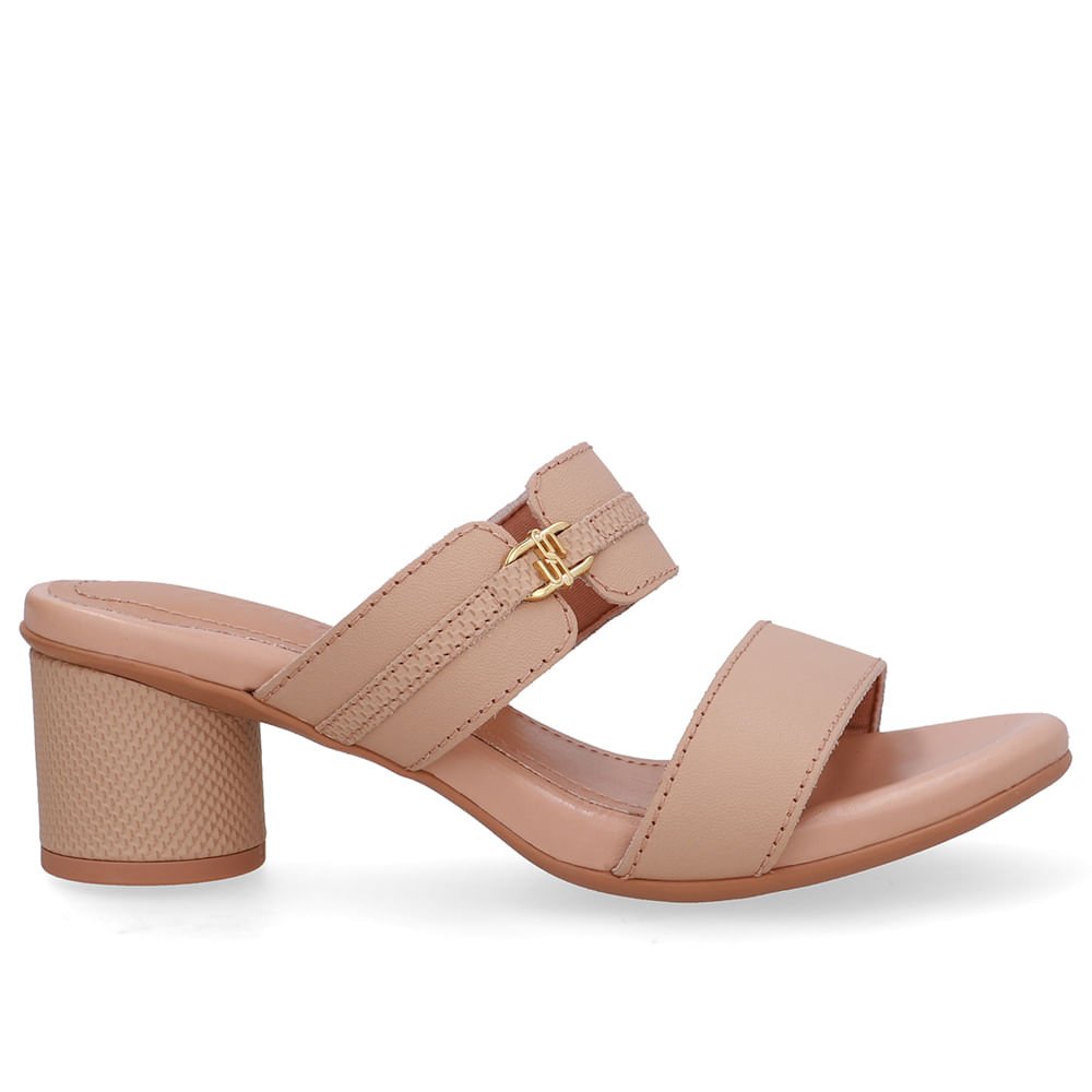 Tamanco Salto Bloco Redondo Couro Bege