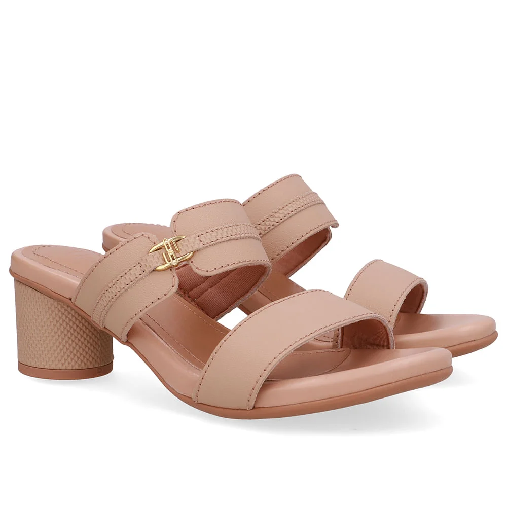 Tamanco Salto Bloco Redondo Couro Bege Bege 2