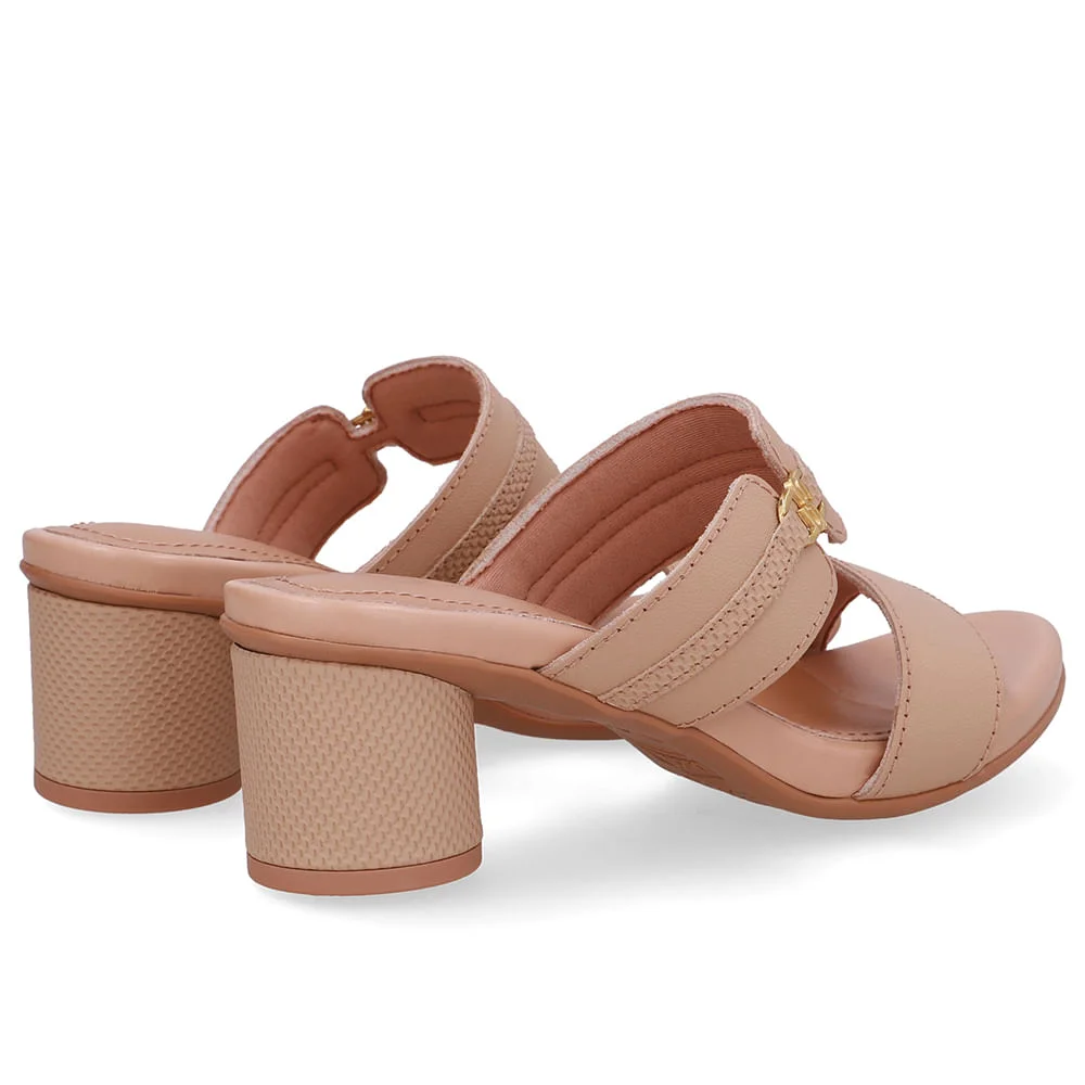 Tamanco Salto Bloco Redondo Couro Bege Bege 3