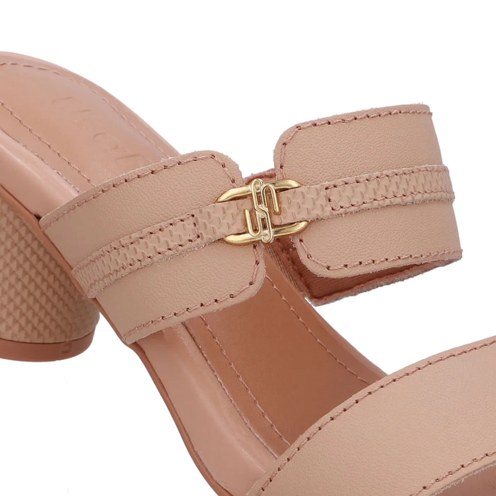 Tamanco Salto Bloco Redondo Couro Bege Bege 4