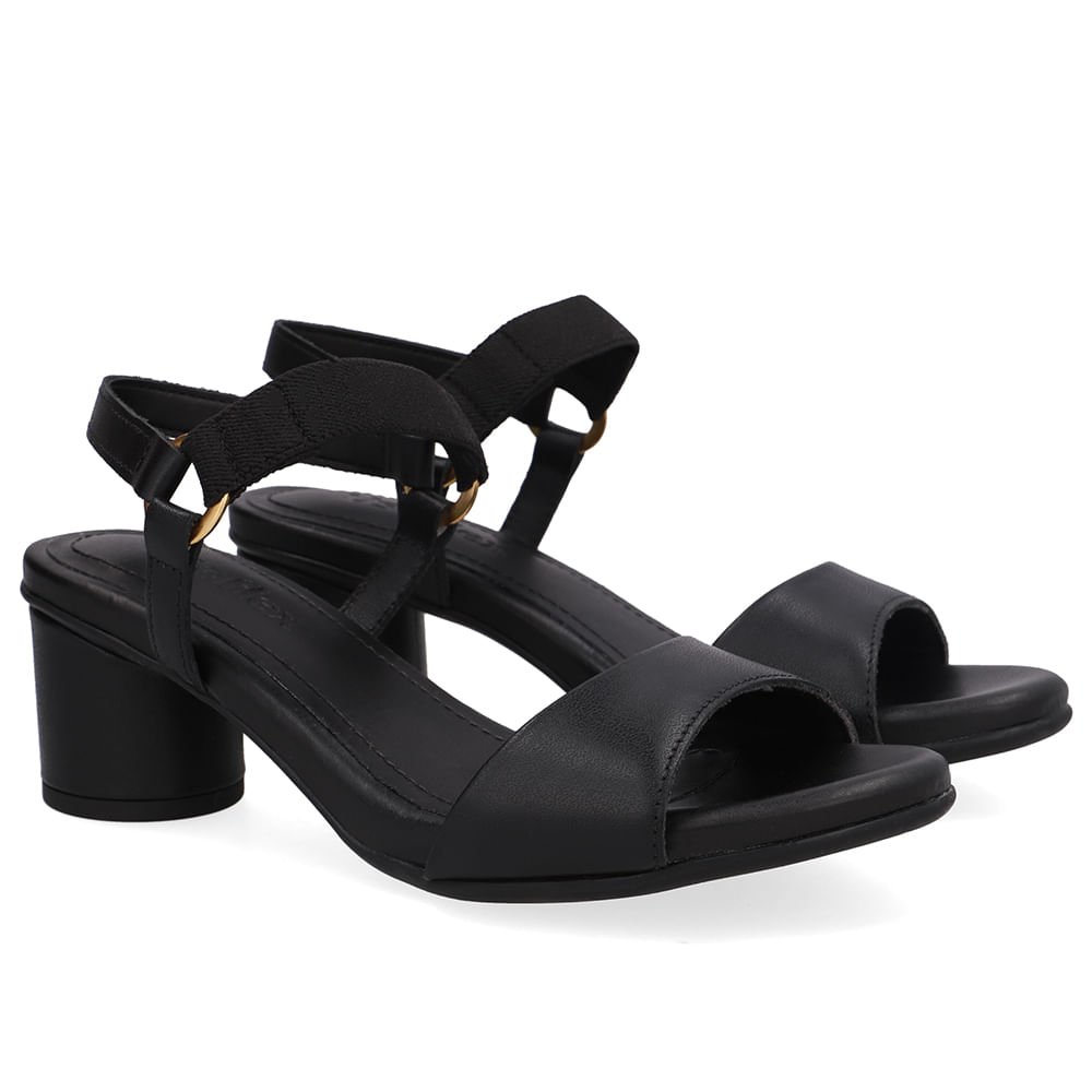 Sandália Salto Bloco Redondo Couro Preta Tira Elástico Preto 2