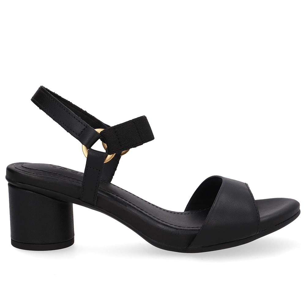 Sandália Salto Bloco Redondo Couro Preta Tira Elástico