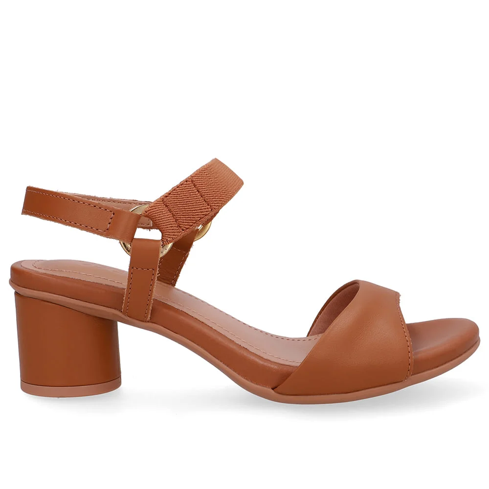 Sandália Salto Bloco Redondo Couro Marrom Tira Elástico