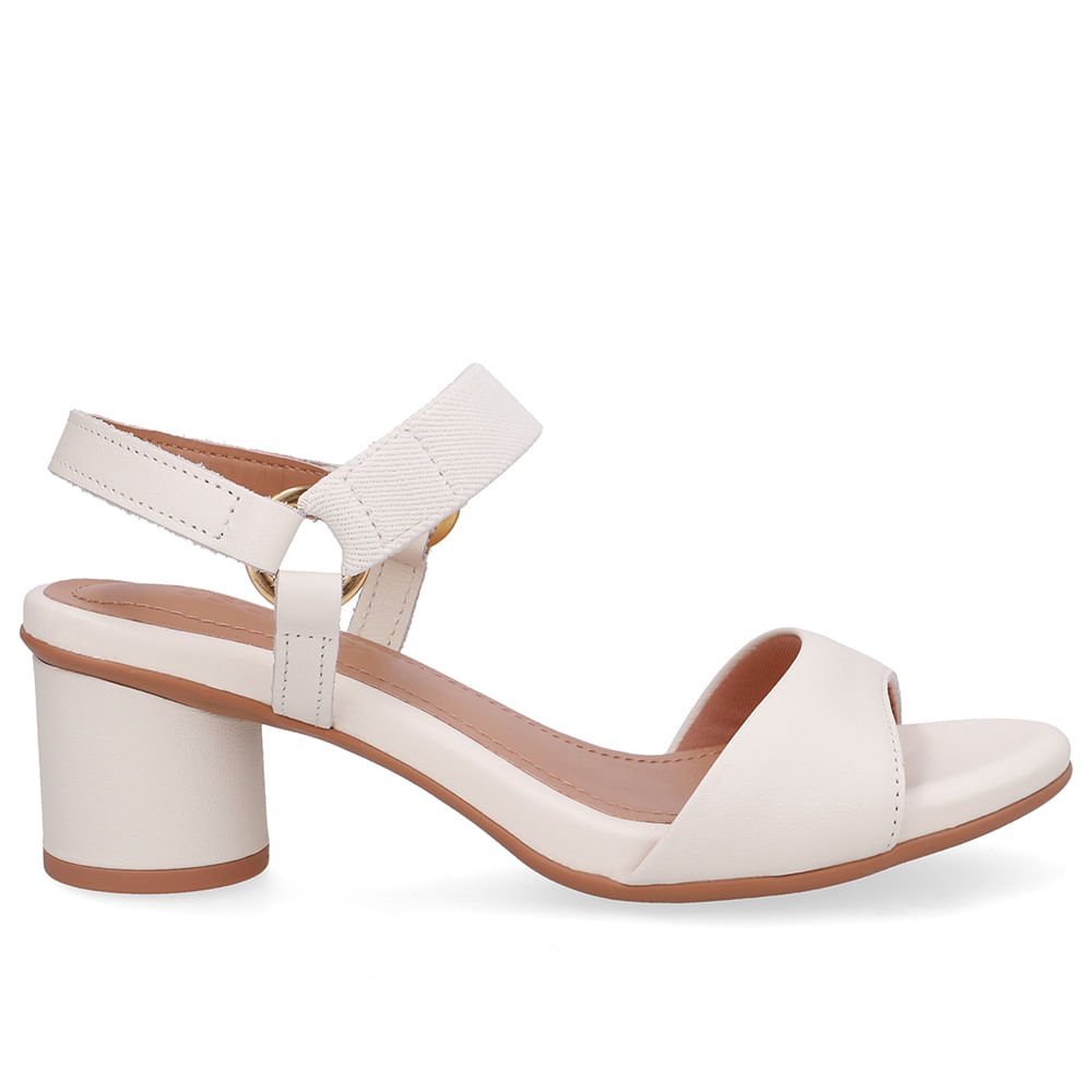 Sandália Salto Bloco Redondo Couro Branca Marfim Tira Elástico