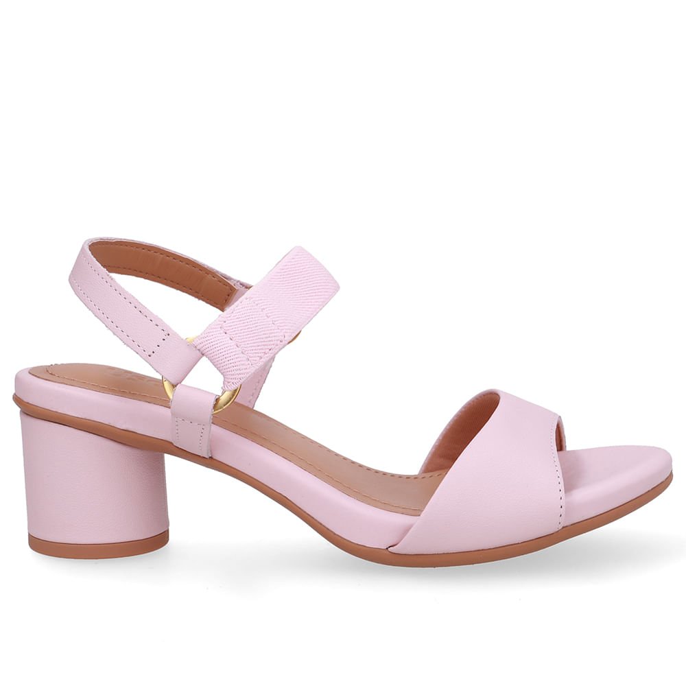 Sandália Salto Bloco Redondo Couro Rosa Tira Elástico