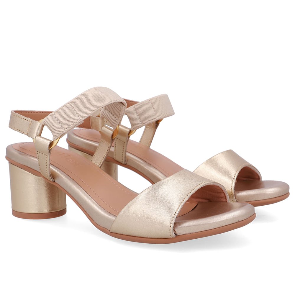 Sandália Salto Bloco Redondo Couro Dourada Tira Elástico Dourado 2