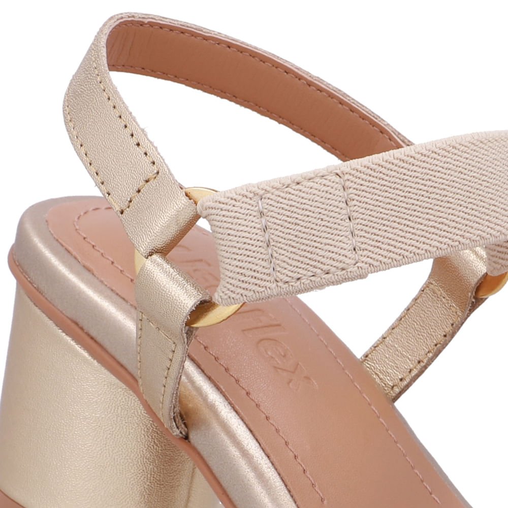 Sandália Salto Bloco Redondo Couro Dourada Tira Elástico Dourado 4