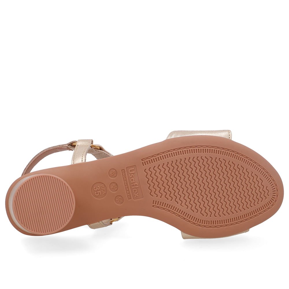 Sandália Salto Bloco Redondo Couro Dourada Tira Elástico Dourado 5