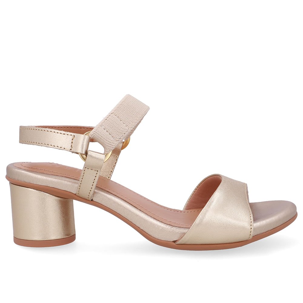 Sandália Salto Bloco Redondo Couro Dourada Tira Elástico