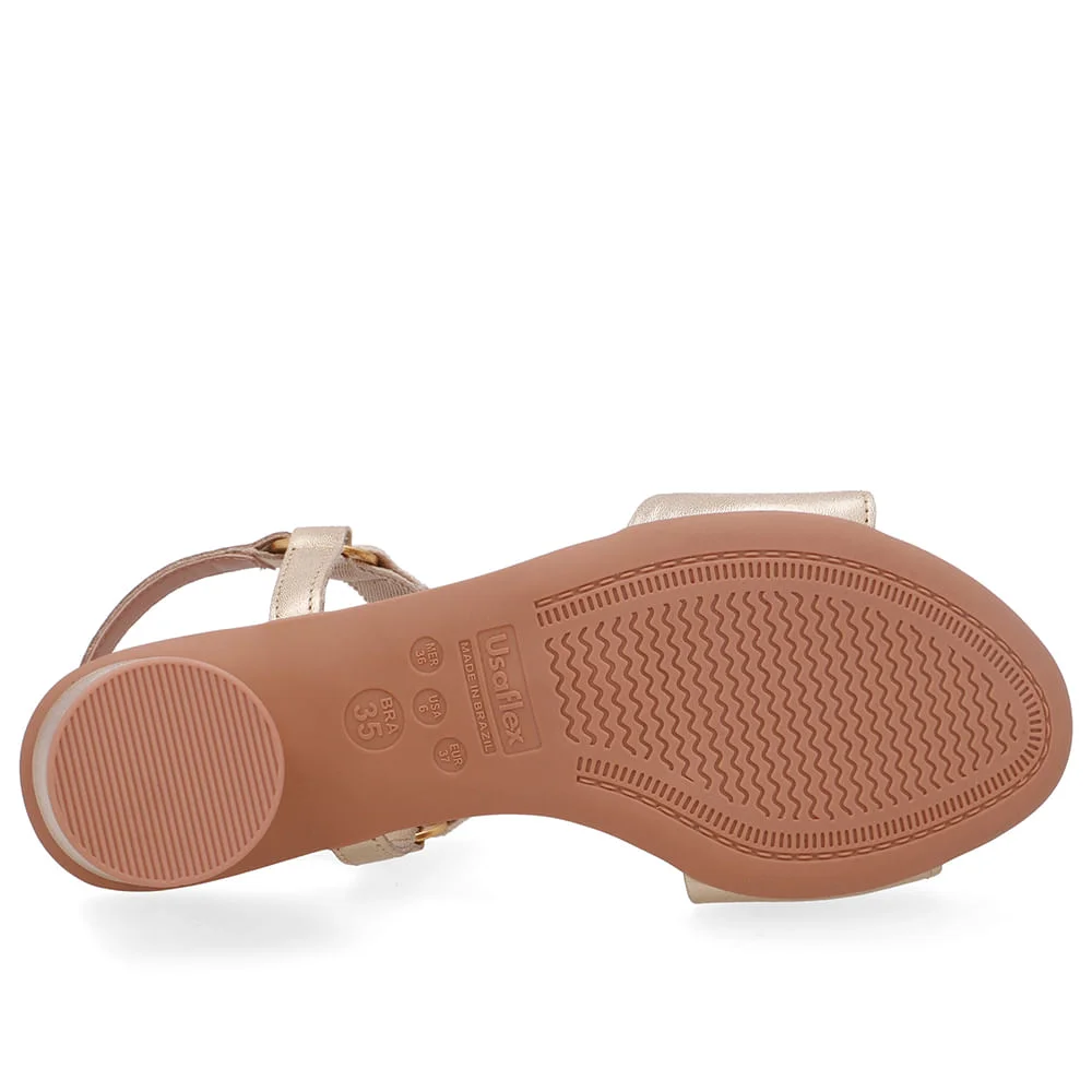 Sandália Salto Bloco Redondo Couro Dourada Tira Elástico Dourado 4