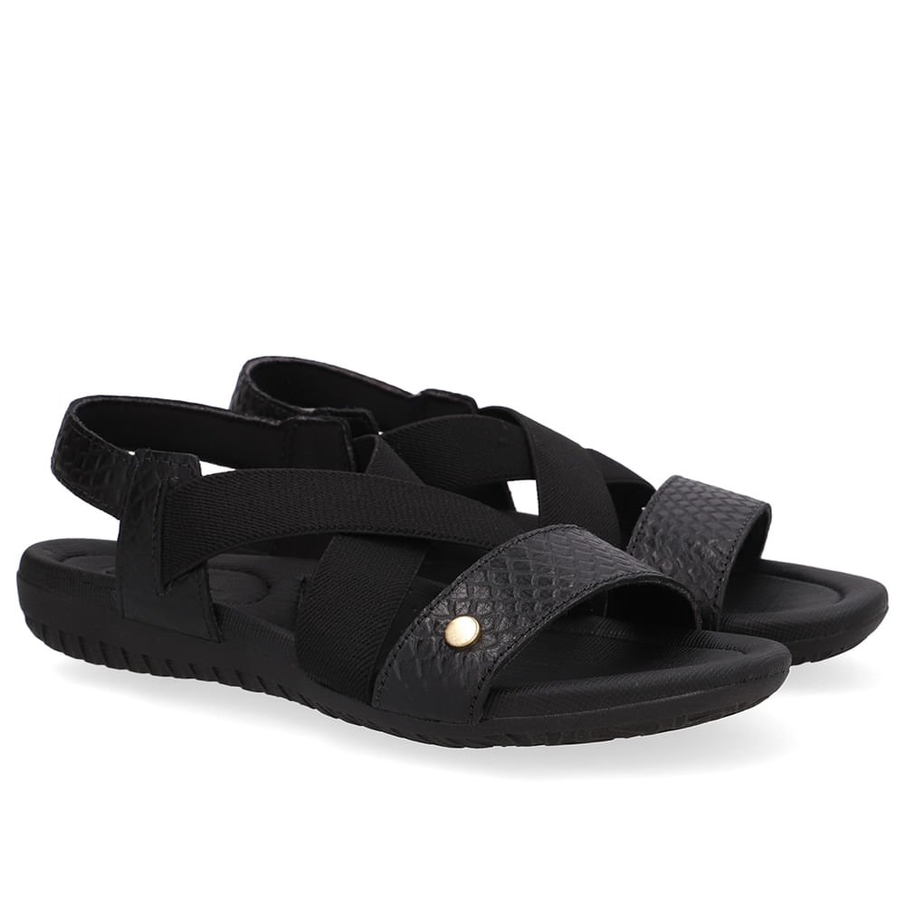 Sandália Rasteira Couro Preta Tira Elástico Preto 2