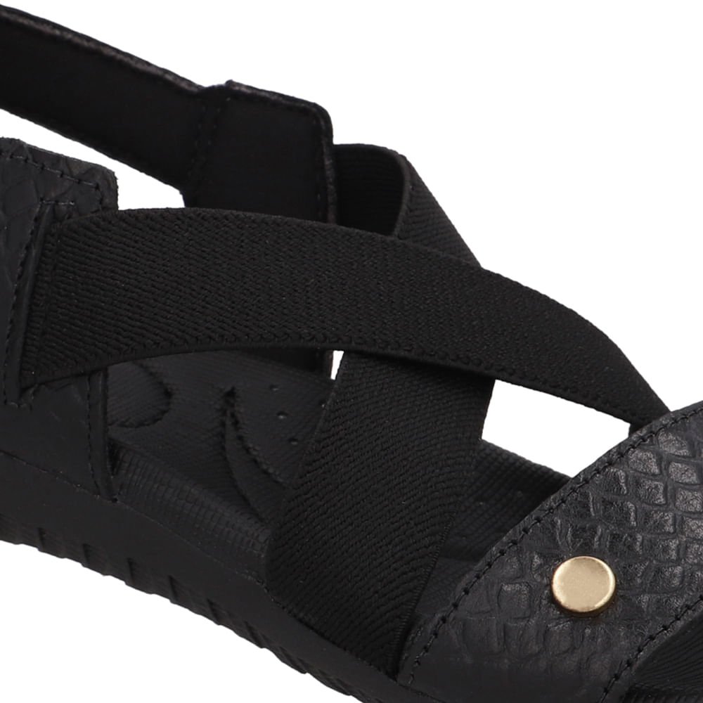 Sandália Rasteira Couro Preta Tira Elástico Preto 4