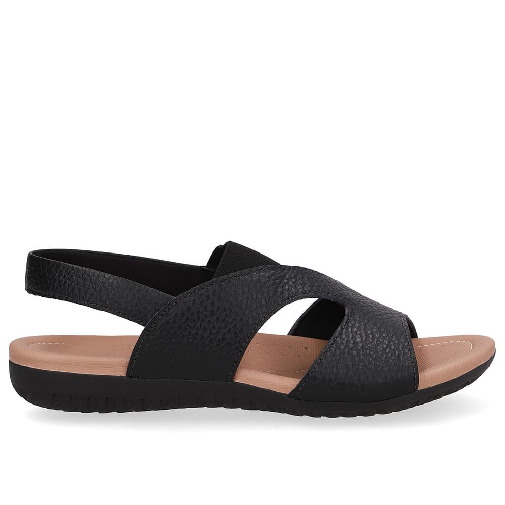 Sandália Rasteira Couro Preto Recortes