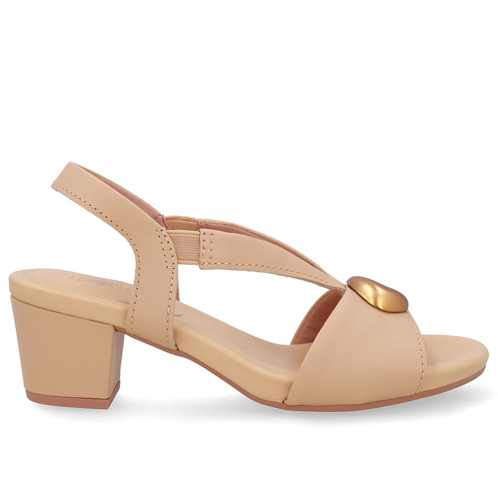 Sandália Bico Redondo Couro Bege Enfeite