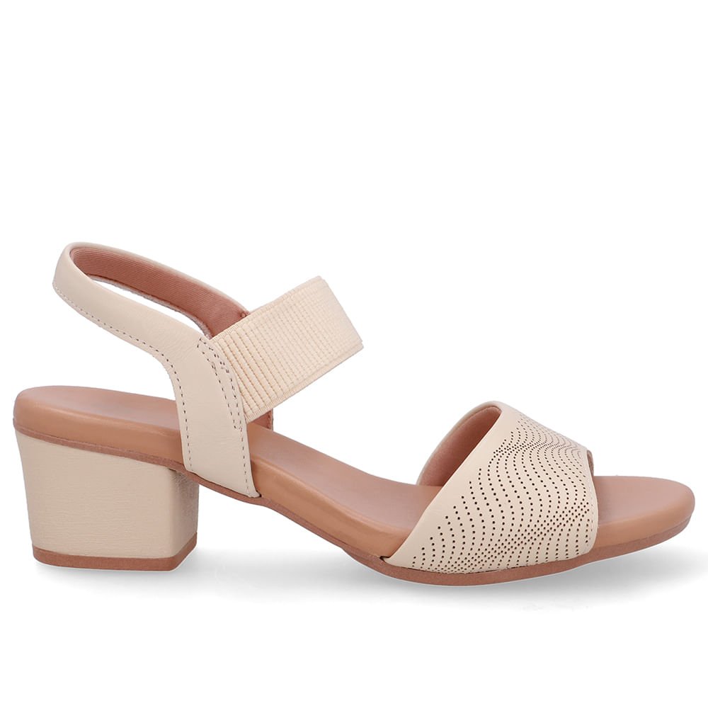 Sandália Salto Bloco Couro Bege Elástico Bege 1
