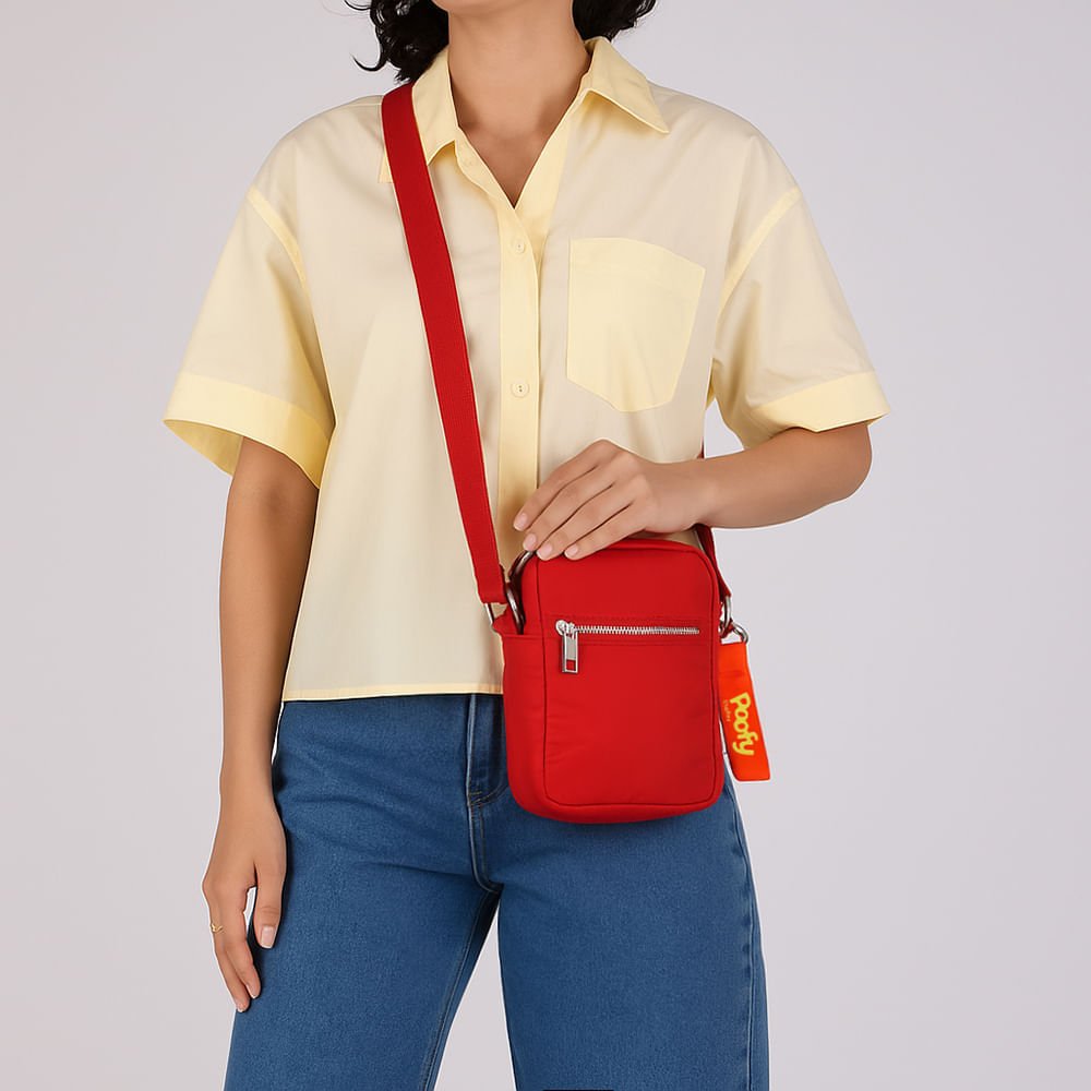 Bolsa Tiracolo Poofy Nylon Vermelha Zíper Vermelho 4
