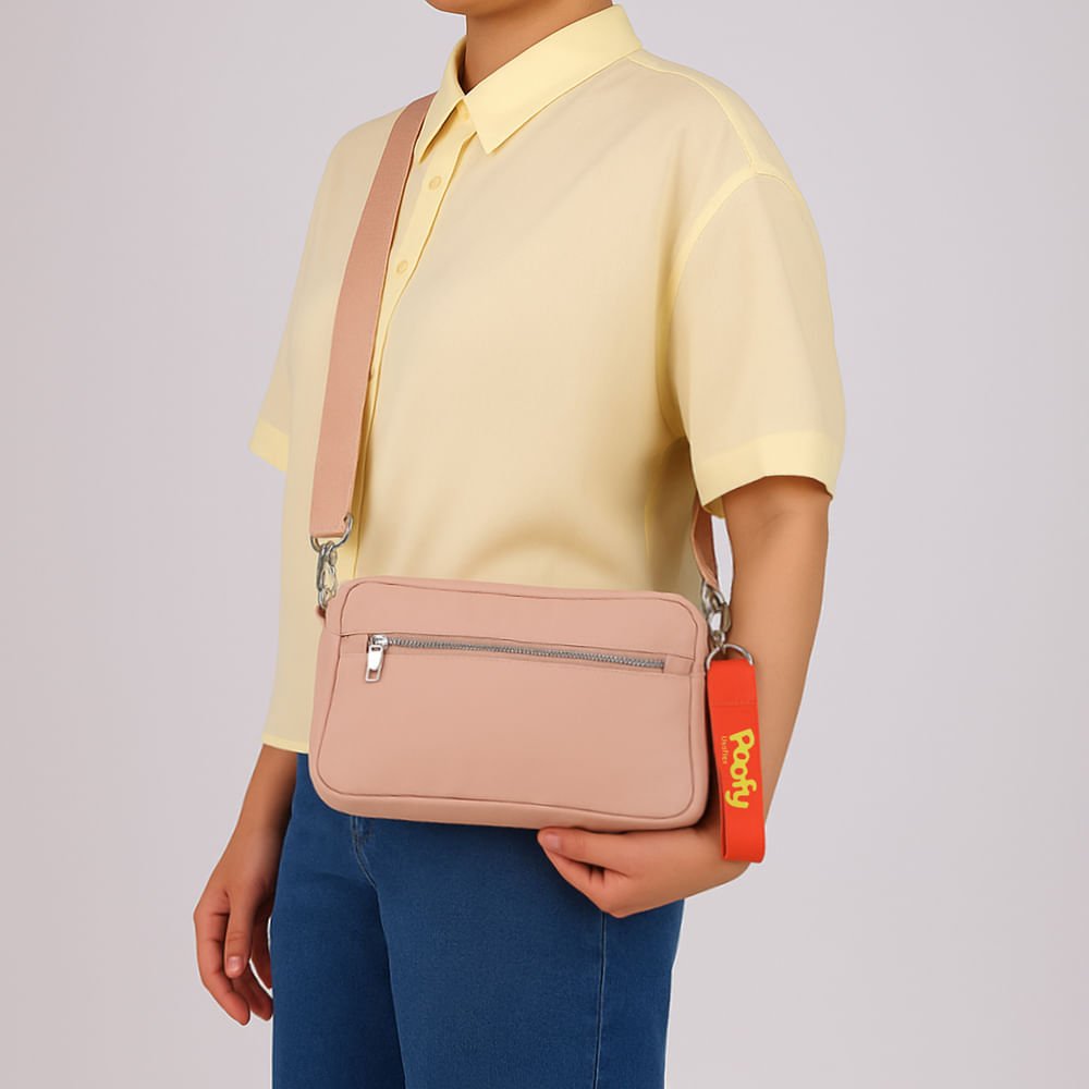Bolsa Tiracolo Poofy Nylon Bege Bolso Rosa Claro 4