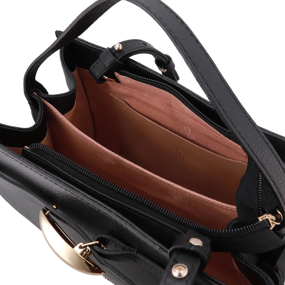 Bolsa Tote Couro Preta Enfeite Preto 3