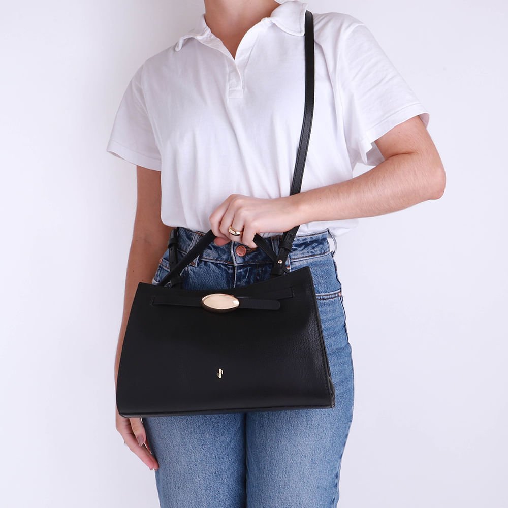 Bolsa Tote Couro Preta Enfeite Preto 4