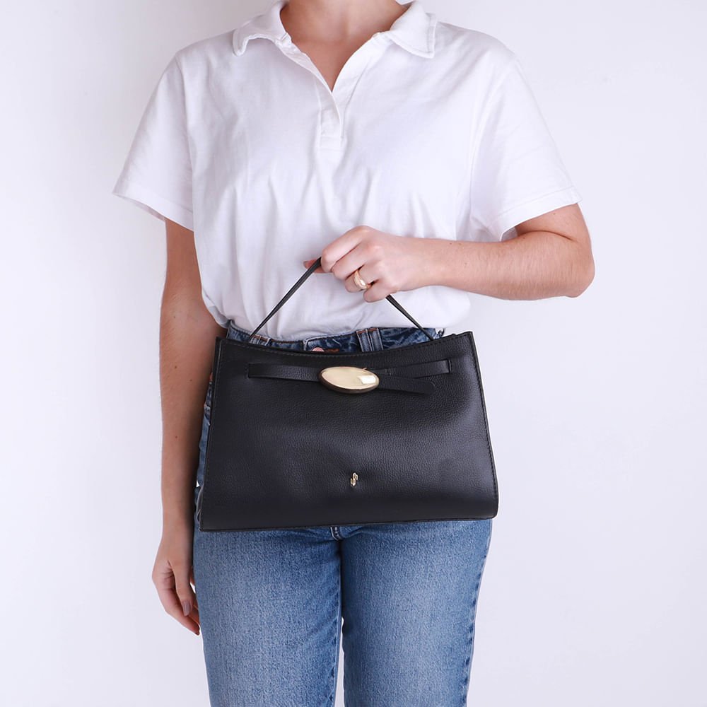 Bolsa Tote Couro Preta Enfeite Preto 5