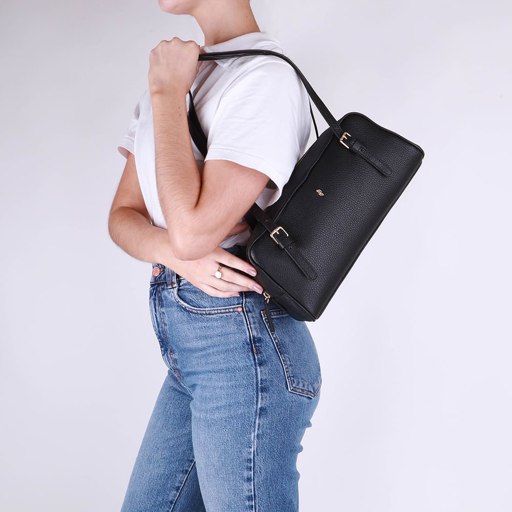 Bolsa Baguete Couro Preta Básica Preto 4
