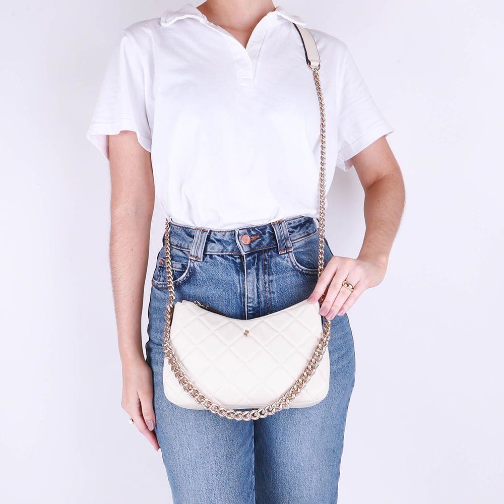 Bolsa Tiracolo Couro Branca Marfim Matelassê Corrente Marfim 4