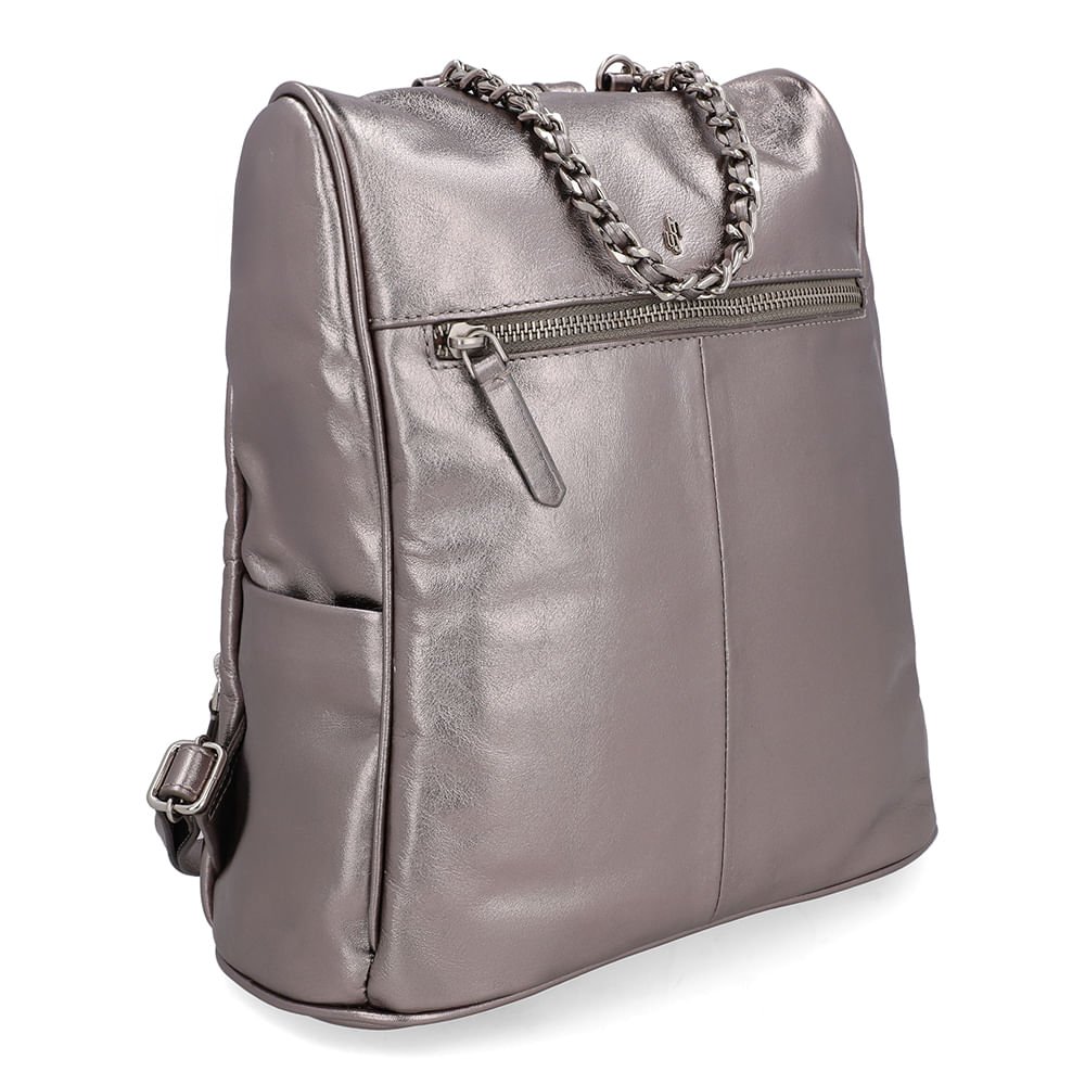 Mochila Couro Metalizada Aço Prata 2
