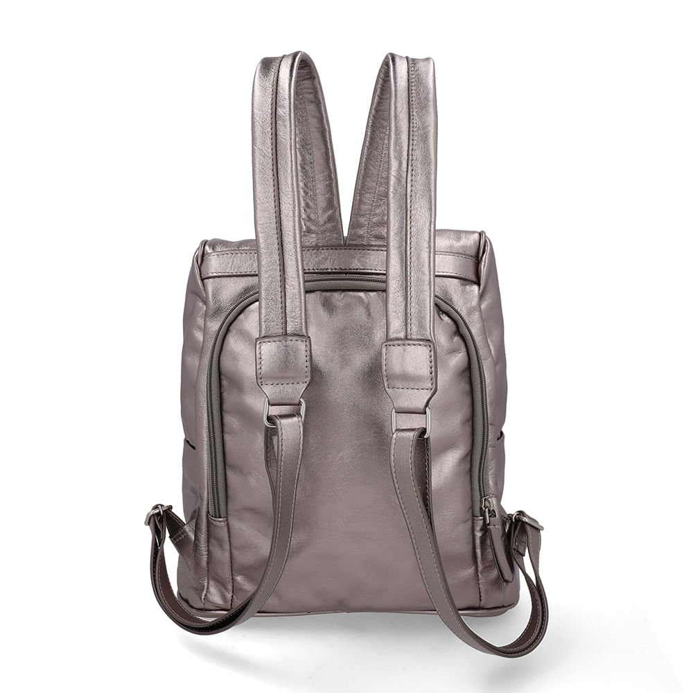 Mochila Couro Metalizada Aço Prata 3