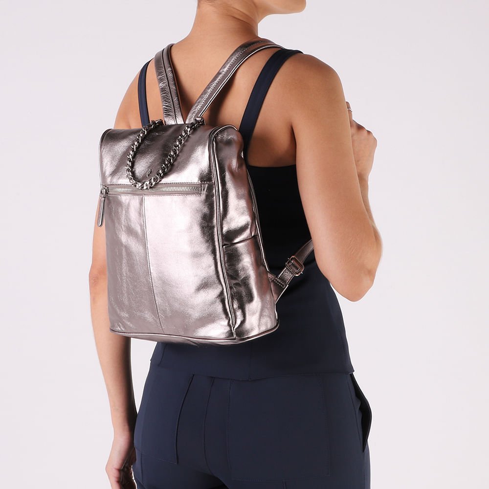 Mochila Couro Metalizada Aço Prata 5