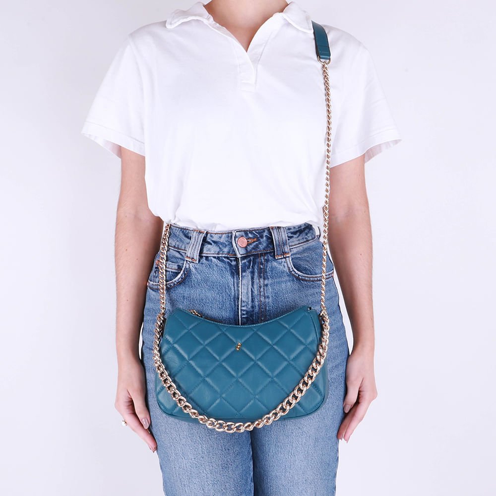 Bolsa Tiracolo Couro Azul Matelassê Corrente Azul 4