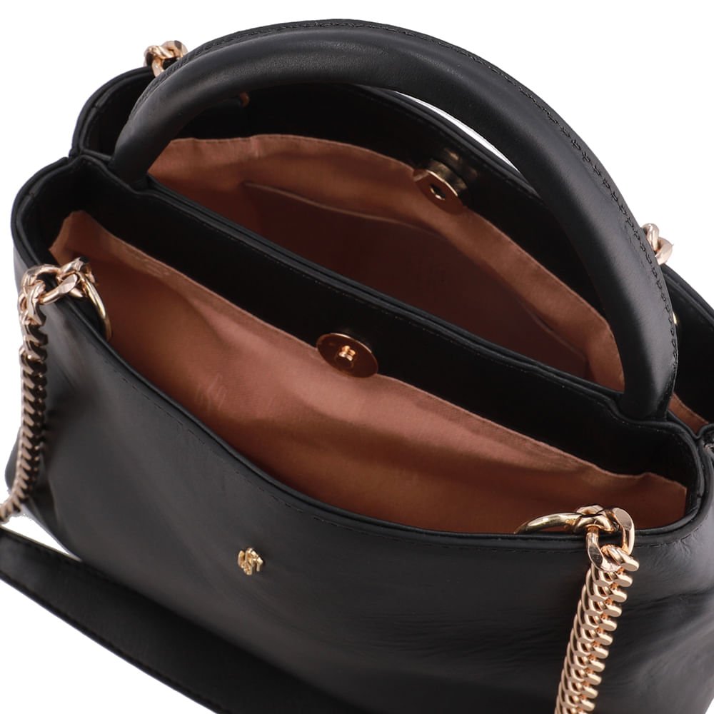 Bolsa Tote Couro Preta Detalhe Corrente Preto 3