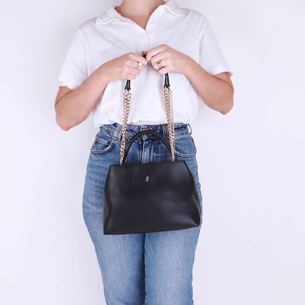 Bolsa Tote Couro Preta Detalhe Corrente Preto 4