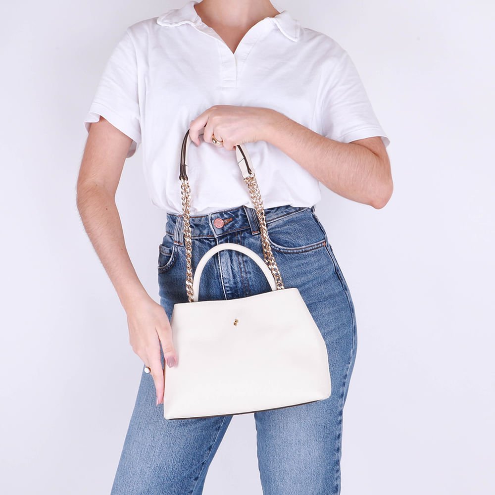 Bolsa Tote Couro Branca Marfim Detalhe Corrente Marfim 4